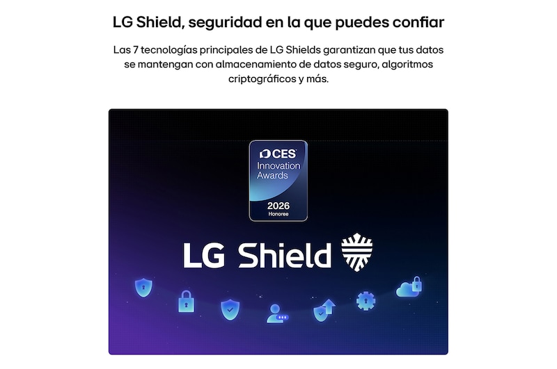 LG Shield, applied to LG QNED AI QNED74 Mini LED, is shown with an LG Shield logo at the center, security icons below, and a 2026 CES Innovation Awards Honoree badge above, representing data and system protection.